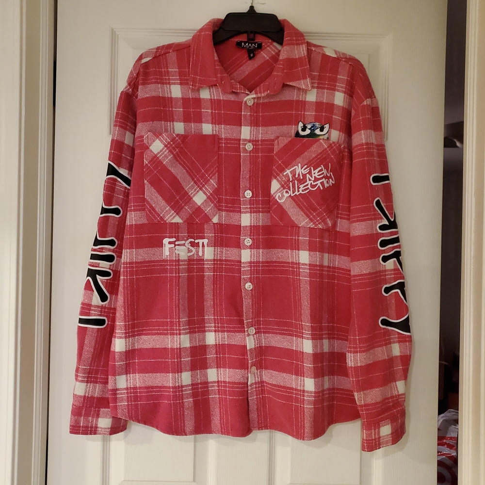 Boohoo Mens Red Graphic Plaid Shirt